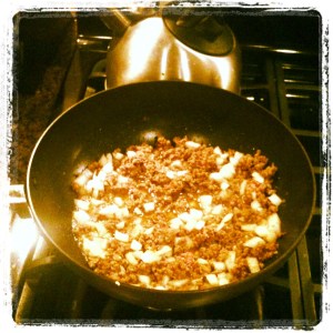 I like to get all the raw ingredients cooking first before I add any of the canned ingredients.