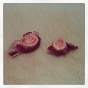 Little meaty bits of goodness waiting to be cooked off these bones...and sweet sweet marrow. Yum.