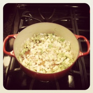 A small amount of stock helps soften the leeks and prevents burning.